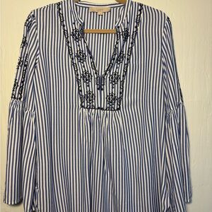 LOFT Embroidered Blue and White stripe Boho Peasant Blouse